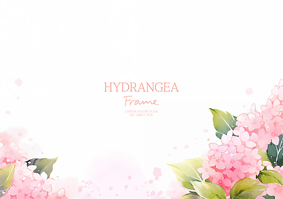 PSD 분홍색 잎 일러스트 여름꽃 수채화 사람없음 수국 꽃프레임 카피스페이스 국내일러스트 식물 꽃 컬러 프레임 공백 파일형식 여름_계절