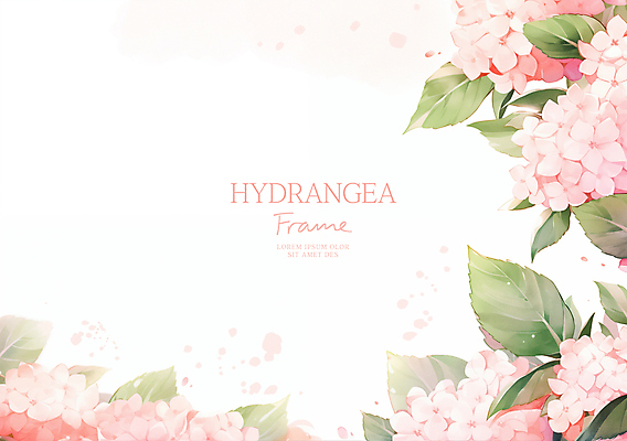 PSD 분홍색 잎 일러스트 여름꽃 수채화 사람없음 수국 꽃프레임 카피스페이스 국내일러스트 식물 꽃 컬러 프레임 공백 파일형식 여름_계절