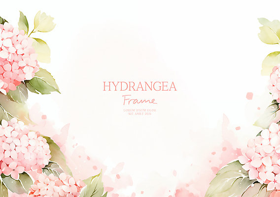 PSD 분홍색 잎 일러스트 여름꽃 수채화 사람없음 수국 꽃프레임 카피스페이스 국내일러스트 식물 꽃 컬러 프레임 공백 파일형식 여름_계절