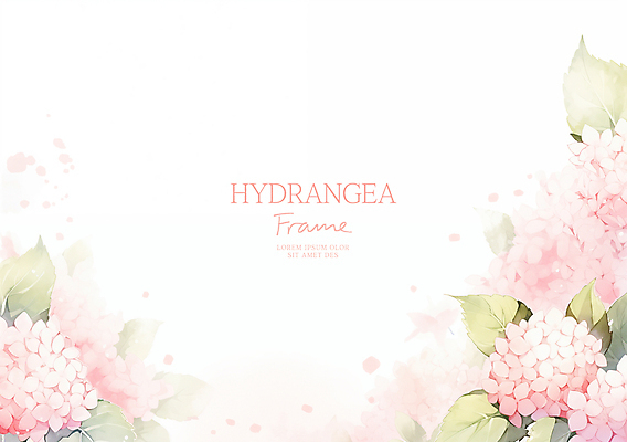 PSD 분홍색 잎 일러스트 여름꽃 수채화 사람없음 수국 꽃프레임 카피스페이스 국내일러스트 식물 꽃 컬러 프레임 공백 파일형식 여름_계절