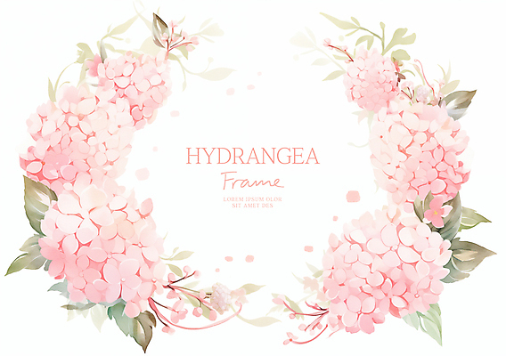 PSD 분홍색 잎 일러스트 여름꽃 수채화 사람없음 수국 원형프레임 꽃프레임 카피스페이스 국내일러스트 식물 꽃 컬러 프레임 공백 원형 파일형식 여름_계절