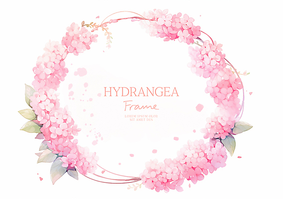 PSD 분홍색 잎 일러스트 여름꽃 수채화 사람없음 수국 원형프레임 꽃프레임 카피스페이스 국내일러스트 식물 꽃 컬러 프레임 공백 원형 파일형식 여름_계절