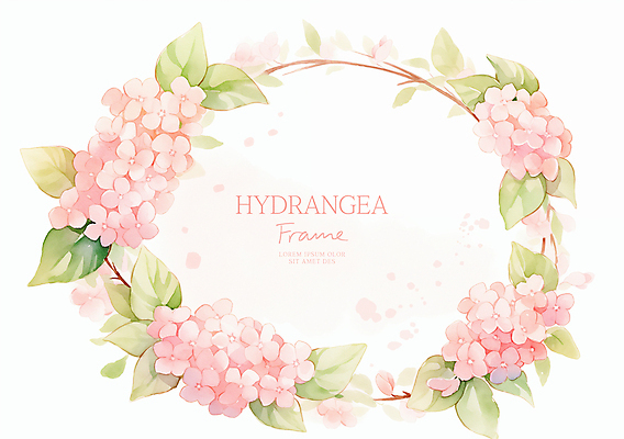 PSD 분홍색 잎 일러스트 여름꽃 수채화 사람없음 수국 원형프레임 꽃프레임 카피스페이스 국내일러스트 식물 꽃 컬러 프레임 공백 원형 파일형식 여름_계절