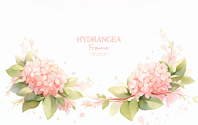 PSD 분홍색 잎 일러스트 여름꽃 수채화 사람없음 수국 꽃프레임 카피스페이스 국내일러스트 식물 꽃 컬러 프레임 공백 파일형식 여름_계절