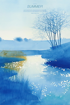 PSD 나무 일러스트 자연 수채화 사람없음 파란색 강 고요 풀 번짐 감성 여름밤 국내일러스트 식물 컬러 컨셉 여름 야간 생태계 파일형식 효과