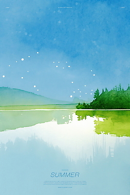 PSD 일러스트 자연 밤하늘 수채화 사람없음 파란색 반사 고요 강가 감성 여름밤 국내일러스트 컬러 컨셉 하늘 여름 강 야간 생태계 파일형식