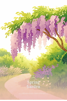 PSD 일러스트 봄꽃 자연 수채화 사람없음 초록색 정원 산책로 풀 꽃길 등나무 등나무꽃 국내일러스트 나무 식물 꽃 길 컬러 봄 생태계 파일형식