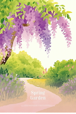 PSD 일러스트 봄꽃 자연 수채화 사람없음 정원 보라색 봄 산책로 풀 등나무 등나무꽃 국내일러스트 나무 식물 계절 꽃 길 컬러 생태계 파일형식