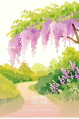 PSD 일러스트 봄꽃 자연 수채화 잔디 사람없음 정원 보라색 산책로 풀 등나무 등나무꽃 국내일러스트 나무 식물 꽃 길 컬러 봄 생태계 파일형식