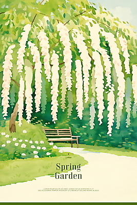 PSD 벤치 일러스트 봄꽃 자연 수채화 잔디 사람없음 초록색 정원 산책로 등나무 등나무꽃 국내일러스트 나무 식물 꽃 길 컬러 의자 봄 생태계 파일형식