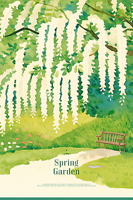 PSD 벤치 일러스트 봄꽃 자연 수채화 잔디 사람없음 초록색 정원 산책로 등나무 등나무꽃 국내일러스트 나무 식물 꽃 길 컬러 의자 봄 생태계 파일형식