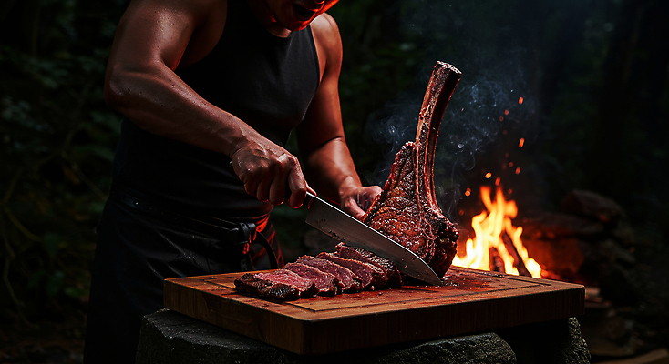 JPG 편집이미지 남자 단면 한명 들기 성인 야외 어둠 캠핑 소고기 잡기 칼 모닥불 바비큐 자르기 슬라이스 나무도마 성인남자한명만 편집실사 AI인물포토 AI콘텐츠 1 음식 모션 불 레저 도마 육류 사람 목재 CG 남자한명만 성인남자만 파일형식 AI포토