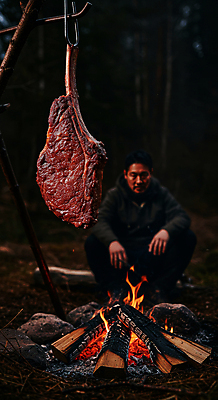JPG 편집이미지 남자 매달리기 한명 앉기 성인 야외 어둠 캠핑 소고기 모닥불 바비큐 굽기 숯불 웅크림 숯불구이 성인남자한명만 편집실사 AI인물포토 AI콘텐츠 1 음식 모션 불 레저 육류 사람 구이 CG 남자한명만 성인남자만 파일형식 AI포토