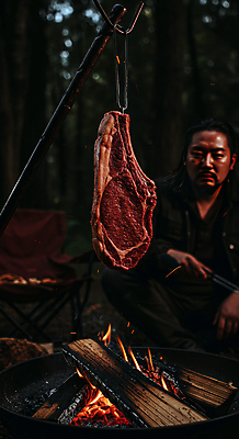 JPG 편집이미지 남자 매달리기 한명 성인 야외 어둠 캠핑 소고기 모닥불 바비큐 굽기 숯불 숯불구이 성인남자한명만 편집실사 AI인물포토 AI콘텐츠 1 음식 모션 불 레저 육류 사람 구이 CG 남자한명만 성인남자만 파일형식 AI포토