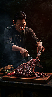 JPG 편집이미지 남자 한명 들기 성인 야외 어둠 캠핑 소고기 잡기 칼 바비큐 자르기 나무도마 성인남자한명만 편집실사 AI인물포토 AI콘텐츠 1 음식 모션 레저 도마 육류 사람 목재 CG 남자한명만 성인남자만 파일형식 AI포토