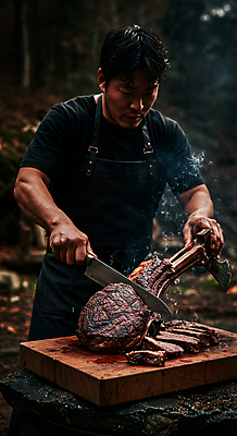 JPG 편집이미지 남자 한명 들기 성인 야외 앞치마 어둠 캠핑 소고기 잡기 칼 바비큐 자르기 나무도마 성인남자한명만 편집실사 AI인물포토 AI콘텐츠 1 음식 모션 레저 도마 육류 사람 목재 CG 남자한명만 성인남자만 파일형식 AI포토