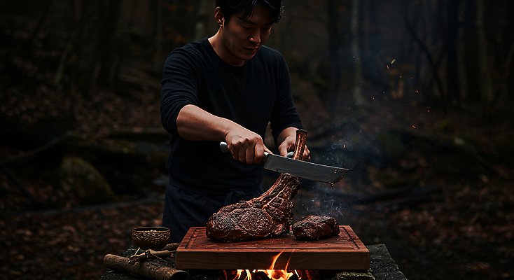 JPG 편집이미지 남자 불 한명 상반신 성인 야외 어둠 캠핑 소고기 잡기 칼 바비큐 자르기 나무도마 성인남자한명만 편집실사 AI인물포토 AI콘텐츠 자연요소 1 음식 모션 레저 도마 육류 사람 목재 CG 남자한명만 성인남자만 파일형식 AI포토