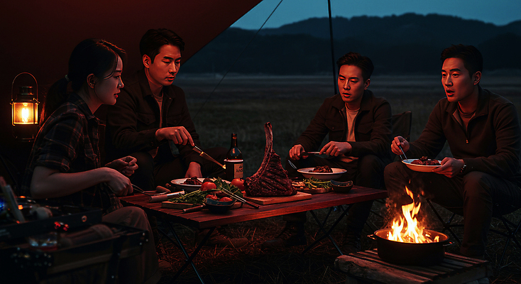 JPG 편집이미지 접시 여자 남자 들기 앉기 여러명 성인 야외 어둠 캠핑 소고기 모닥불 바비큐 야외테이블 성인만 캠핑의자 편집실사 AI인물포토 AI콘텐츠 식기 음식 다수 의자 모션 탁자 불 레저 캠핑도구 육류 사람 CG 파일형식 AI포토