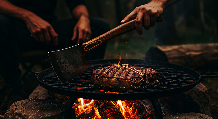 JPG 편집이미지 손 스테이크 야외 신체부위 어둠 캠핑 소고기 그릴 모닥불 바비큐 굽기 도끼 숯불 숯불구이 편집실사 AI인물포토 AI콘텐츠 음식 주방용품 불 레저 서양음식 육류 사람 구이 CG 파일형식 AI포토