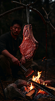 JPG 편집이미지 남자 매달리기 한명 들기 성인 야외 어둠 캠핑 소고기 모닥불 바비큐 굽기 숯불 웅크림 숯불구이 성인남자한명만 편집실사 AI인물포토 AI콘텐츠 1 음식 모션 불 레저 육류 사람 구이 CG 남자한명만 성인남자만 파일형식 AI포토