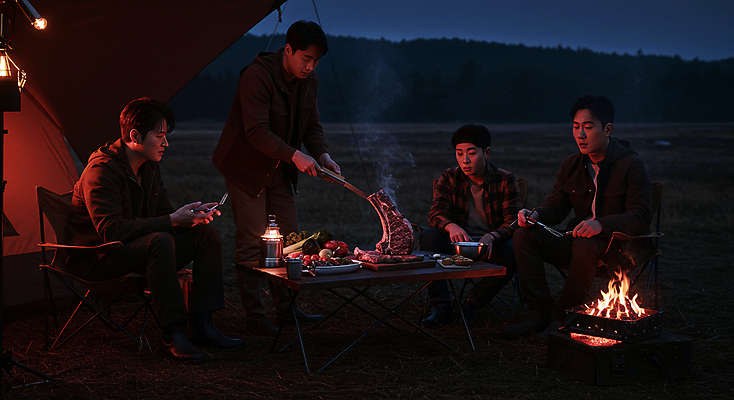 JPG 편집이미지 응시 남자 텐트 서기 들기 앉기 여러명 성인 야외 어둠 캠핑 소고기 그릴 모닥불 바비큐 야외테이블 성인남자만 캠핑의자 편집실사 AI인물포토 AI콘텐츠 시선 음식 다수 의자 모션 탁자 주방용품 불 레저 캠핑도구 육류 사람 CG 남자만 성인만 파일형식 AI포토