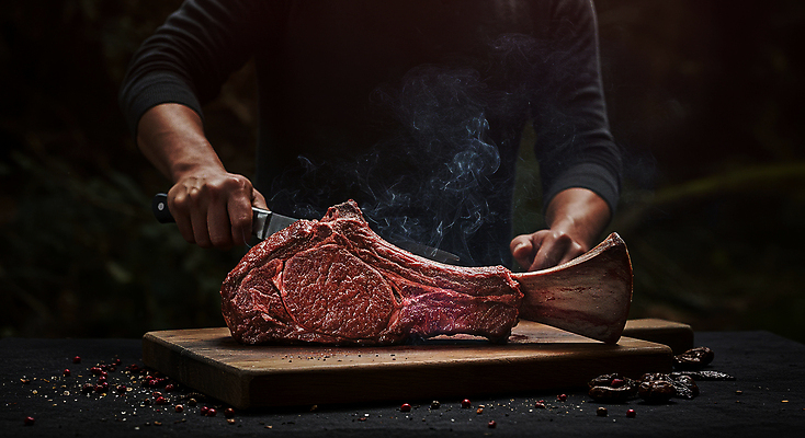 JPG 편집이미지 손 신체부위 어둠 소고기 칼 자르기 손질 나무도마 편집실사 AI인물포토 AI콘텐츠 모션 도마 육류 사람 목재 CG 파일형식 AI포토