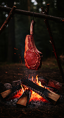 JPG 편집이미지 매달리기 사람없음 야외 어둠 캠핑 소고기 모닥불 바비큐 굽기 숯불 숯불구이 편집실사 AI포토 AI콘텐츠 음식 모션 불 레저 육류 구이 CG 파일형식