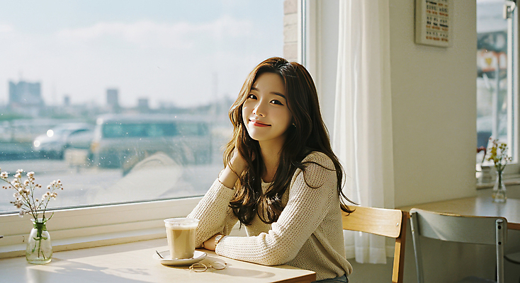 JPG 편집이미지 응시 여자 의자 탁자 한명 미소 앉기 상반신 성인 일상 햇빛 턱괴기 카페 창가 아이스커피 베이지색 의료성형뷰티 성인여자한명만 편집실사 AI인물포토 AI콘텐츠 1 시선 커피 컬러 가구 창문 모션 표정 사람 라이프 태양 상점 CG 여자한명만 성인여자만 파일형식 AI포토