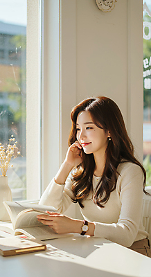 JPG 편집이미지 응시 여자 의자 탁자 한명 미소 앉기 상반신 성인 일상 책 독서 햇빛 카페 잡기 창가 베이지색 의료성형뷰티 성인여자한명만 편집실사 AI인물포토 AI콘텐츠 1 시선 컬러 가구 창문 모션 표정 사람 라이프 태양 상점 CG 여자한명만 성인여자만 파일형식 AI포토