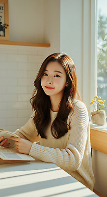 JPG 편집이미지 응시 여자 의자 탁자 한명 미소 앉기 상반신 성인 일상 책 독서 햇빛 카페 잡기 창가 베이지색 의료성형뷰티 성인여자한명만 편집실사 AI인물포토 AI콘텐츠 1 시선 컬러 가구 창문 모션 표정 사람 라이프 태양 상점 CG 여자한명만 성인여자만 파일형식 AI포토