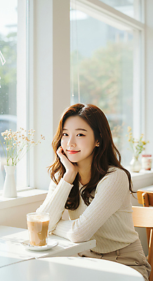 JPG 편집이미지 응시 여자 의자 탁자 한명 미소 앉기 상반신 성인 일상 햇빛 턱괴기 카페 창가 아이스커피 베이지색 의료성형뷰티 성인여자한명만 편집실사 AI인물포토 AI콘텐츠 1 시선 커피 컬러 가구 창문 모션 표정 사람 라이프 태양 상점 CG 여자한명만 성인여자만 파일형식 AI포토