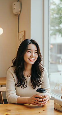 JPG 편집이미지 응시 여자 의자 탁자 한명 미소 앉기 상반신 성인 일상 햇빛 카페 잡기 창가 베이지색 테이크아웃컵 의료성형뷰티 성인여자한명만 편집실사 AI인물포토 AI콘텐츠 1 시선 컬러 가구 창문 모션 표정 사람 라이프 컵 태양 상점 CG 여자한명만 성인여자만 파일형식 AI포토