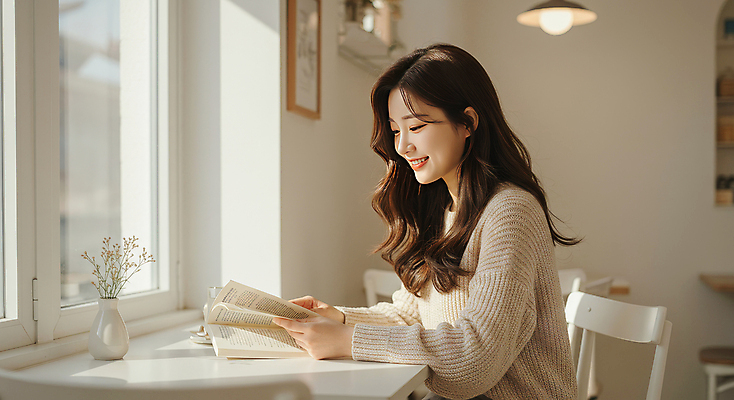 JPG 식물 편집이미지 응시 여자 화분 의자 탁자 조명 한명 미소 앉기 상반신 성인 일상 책 독서 햇빛 카페 창가 베이지색 의료성형뷰티 성인여자한명만 편집실사 AI인물포토 AI콘텐츠 1 시선 컬러 가구 창문 모션 표정 사람 라이프 태양 상점 CG 여자한명만 성인여자만 파일형식 AI포토