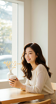 JPG 편집이미지 응시 여자 의자 탁자 한명 미소 앉기 성인 일상 햇빛 카페 창가 베이지색 테이크아웃컵 의료성형뷰티 성인여자한명만 편집실사 AI인물포토 AI콘텐츠 1 시선 컬러 가구 창문 모션 표정 사람 라이프 컵 태양 상점 CG 여자한명만 성인여자만 파일형식 AI포토