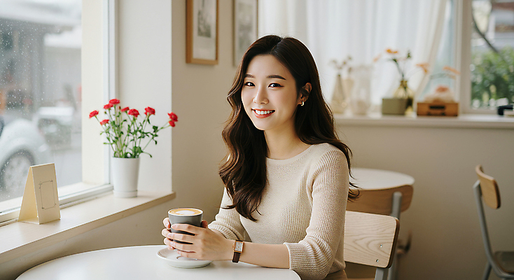 JPG 편집이미지 응시 여자 꽃 화분 의자 탁자 한명 미소 앉기 상반신 성인 일상 햇빛 카페 잡기 창가 라떼 베이지색 의료성형뷰티 성인여자한명만 편집실사 AI인물포토 AI콘텐츠 식물 1 시선 커피 컬러 가구 창문 모션 표정 사람 라이프 태양 상점 CG 여자한명만 성인여자만 파일형식 AI포토