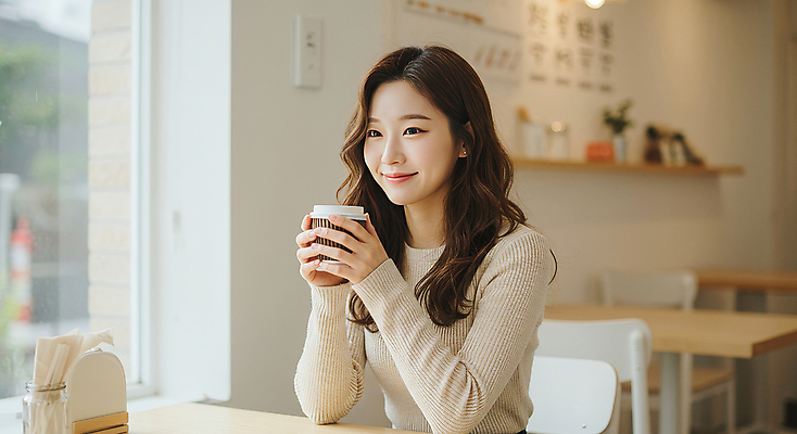 JPG 편집이미지 응시 여자 의자 탁자 선반 한명 미소 앉기 상반신 성인 일상 햇빛 카페 잡기 창가 베이지색 테이크아웃컵 의료성형뷰티 성인여자한명만 편집실사 AI인물포토 AI콘텐츠 1 시선 컬러 가구 창문 모션 표정 사람 라이프 컵 태양 상점 CG 여자한명만 성인여자만 파일형식 AI포토