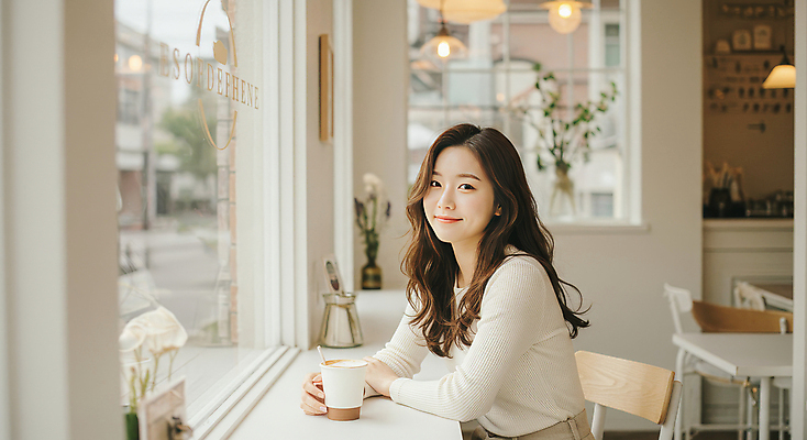 JPG 편집이미지 응시 여자 의자 탁자 한명 미소 앉기 상반신 성인 일상 햇빛 카페 잡기 커피잔 창가 베이지색 의료성형뷰티 성인여자한명만 편집실사 AI인물포토 AI콘텐츠 1 시선 커피 컬러 가구 창문 모션 잔 표정 사람 라이프 태양 상점 CG 여자한명만 성인여자만 파일형식 AI포토