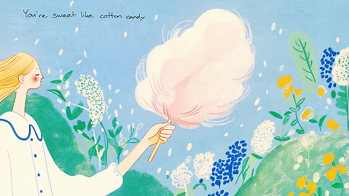 JPG 구름 여자 꽃 분홍색 하늘색 일러스트 하늘 바람 한명 들기 상반신 성인 파란색 눈감음 풀잎 달콤 솜사탕 성인여자한명만 국내일러스트 AI일러스트 AI콘텐츠 자연요소 식물 1 컬러 잎 모션 날씨 디저트 사람 풀_식물 맛 여자한명만 성인여자만 파일형식