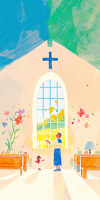 JPG 전신 여자 남자 어린이 십자가 의자 일러스트 촛불 창문 실내 소녀 성인 두명 햇빛 성당 평화 고요 천주교 감성 신부복 신부님 들기름 국내일러스트 AI일러스트 AI콘텐츠 종교 가구 컨셉 초 종교건축 사람 내부 태양 기름_음식 파일형식