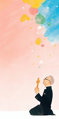 JPG 전신 노년 남자 분홍색 십자가 일러스트 실내 한명 들기 성당 평화 고요 천주교 기도 무릎꿇기 감성 신부복 신부님 노인남자한명만 안경낌 국내일러스트 AI일러스트 AI콘텐츠 1 종교 안경 컬러 컨셉 종교건축 모션 사람 성인 내부 남자한명만 노인남자만 파일형식