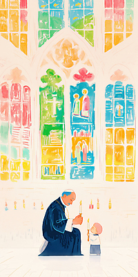 JPG 전신 노년 남자 어린이 일러스트 실내 들기 소년 두명 컬러풀 성당 평화 고요 천주교 기도 무릎꿇기 감성 스테인드글라스 신부복 신부님 남자만 국내일러스트 AI일러스트 AI콘텐츠 종교 컬러 컨셉 종교건축 모션 유리 사람 성인 내부 파일형식