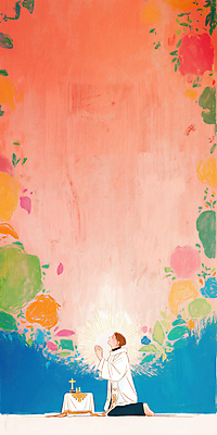 JPG 전신 남자 분홍색 일러스트 실내 한명 성인 성당 평화 고요 천주교 기도 무릎꿇기 감성 신부복 신부님 성인남자한명만 국내일러스트 AI일러스트 AI콘텐츠 1 종교 컬러 컨셉 종교건축 모션 사람 내부 남자한명만 성인남자만 파일형식