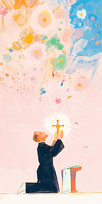 JPG 전신 남자 분홍색 십자가 일러스트 실내 한명 들기 성인 성당 평화 고요 천주교 기도 무릎꿇기 감성 신부복 신부님 성인남자한명만 국내일러스트 AI일러스트 AI콘텐츠 1 종교 컬러 컨셉 종교건축 모션 사람 내부 남자한명만 성인남자만 파일형식