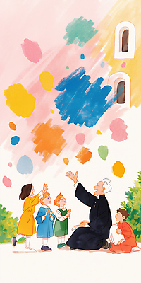 JPG 전신 여자 노년 남자 어린이 일러스트 앉기 소녀 소년 여러명 컬러풀 성당 손들기 평화 고요 천주교 얼룩 풀 감성 손뻗기 신부복 신부님 국내일러스트 AI일러스트 AI콘텐츠 식물 종교 컬러 다수 컨셉 종교건축 모션 사람 성인 파일형식