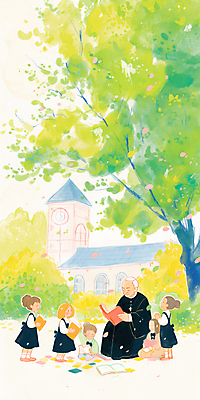 JPG 전신 여자 노년 남자 꽃잎 어린이 일러스트 자연 바람 들기 소녀 소년 여러명 책 독서 성당 평화 고요 천주교 읽기 상쾌 감성 신부복 화창 신부님 국내일러스트 AI일러스트 AI콘텐츠 자연요소 꽃 감정 종교 다수 컨셉 종교건축 모션 날씨 사람 성인 생태계 파일형식