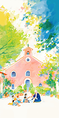 JPG 전신 나무 여자 노년 남자 어린이 일러스트 자연 앉기 소녀 소년 여러명 성당 평화 고요 천주교 풀 감성 신부복 신부님 국내일러스트 AI일러스트 AI콘텐츠 식물 종교 다수 컨셉 종교건축 모션 사람 성인 생태계 파일형식