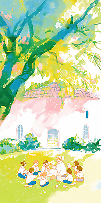 JPG 전신 나무 여자 노년 남자 어린이 일러스트 자연 앉기 소녀 소년 잔디 여러명 성당 평화 고요 천주교 감성 신부복 신부님 국내일러스트 AI일러스트 AI콘텐츠 식물 종교 다수 컨셉 종교건축 모션 사람 성인 생태계 파일형식