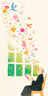 JPG 노년 남자 꽃 의자 일러스트 조류 실내 한명 앉기 책 독서 성당 평화 성경 고요 천주교 창가 감성 신부복 신부님 노인남자한명만 안경낌 국내일러스트 AI일러스트 AI콘텐츠 식물 동물 1 종교 안경 가구 컨셉 종교용품 창문 종교건축 모션 사람 성인 내부 남자한명만 노인남자만 파일형식