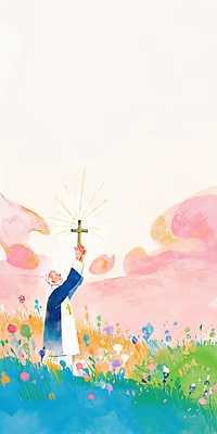 JPG 전신 구름 노년 남자 십자가 꽃밭 일러스트 자연 한명 들기 잔디 초원 평화 고요 천주교 기도 감성 신부복 신부님 노인남자한명만 국내일러스트 AI일러스트 AI콘텐츠 자연요소 식물 1 꽃 종교 컨셉 모션 사람 성인 생태계 남자한명만 노인남자만 파일형식