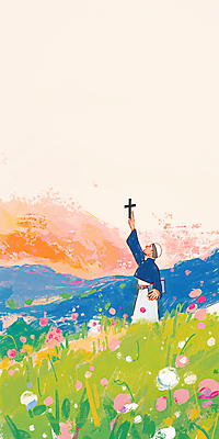 JPG 전신 노년 남자 십자가 꽃밭 일러스트 자연 한명 들기 잔디 초원 태양 평화 노을 성경 고요 천주교 기도 언덕 감성 신부복 신부님 노인남자한명만 국내일러스트 AI일러스트 AI콘텐츠 자연요소 식물 1 꽃 종교 컨셉 종교용품 모션 사람 성인 생태계 남자한명만 노인남자만 파일형식